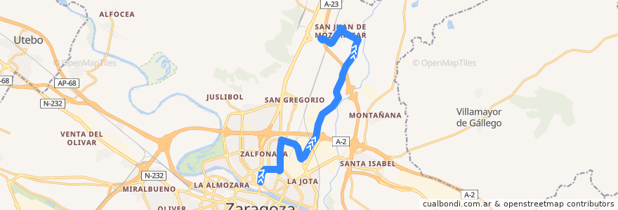 Mapa del recorrido Bus 102: Zaragoza => San Juan de Mozarrifar (por San Juan de la Peña) de la línea  en سرقسطة.