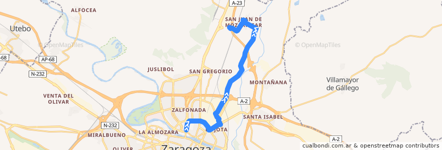 Mapa del recorrido Bus 102: Zaragoza => San Juan de Mozarrifar (por Avenida Cataluña) de la línea  en Saragoça.