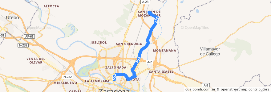 Mapa del recorrido Bus 102: Zaragoza => San Juan de Mozarrifar (por Avenida Cataluña) de la línea  en سرقسطة.