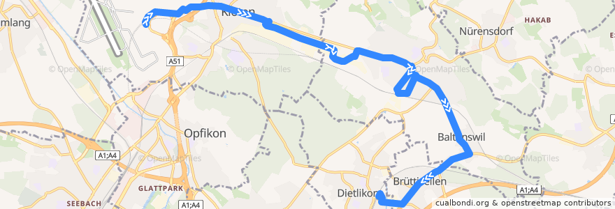 Mapa del recorrido Bus 765: Zürich Flughafen, Bahnhof -> Dietlikon, Bahnhof/Bad de la línea  en Bezirk Bülach.