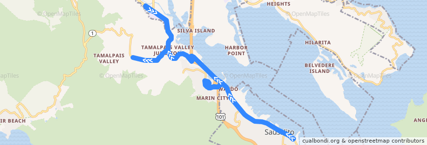 Mapa del recorrido West Marin Stagecoach 61: Sausalito => Stinson Beach Parking Lot => Bolinas de la línea  en Marin County.