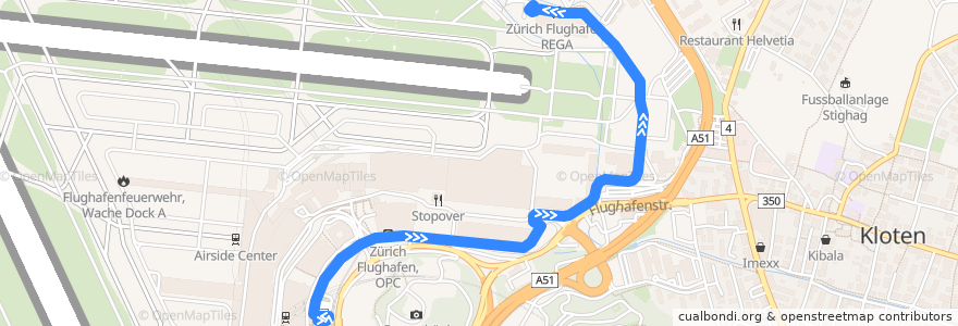 Mapa del recorrido Bus 739: Zürich Flughafen, Bahnhof => Zürich Flughafen, REGA de la línea  en Kloten.