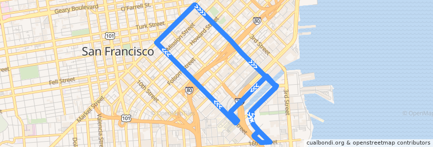 Mapa del recorrido Mission Bay West Shuttle (mornings) de la línea  en San Francisco.