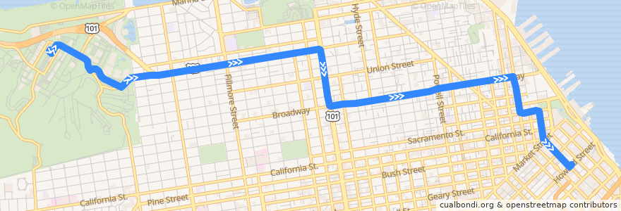 Mapa del recorrido PresidiGo Downtown Shuttle: Presidio Transit Center => Main & Howard de la línea  en 샌프란시스코.