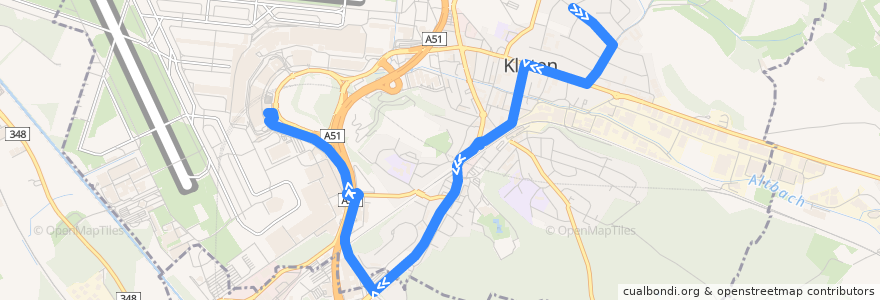 Mapa del recorrido Bus 735: Kloten, Härdlen -> Zürich Flughafen, Bahnhof de la línea  en Kloten.