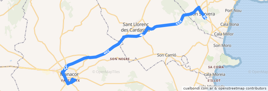 Mapa del recorrido Bus 432: Son Servera → Manacor (exprès) de la línea  en Llevant.