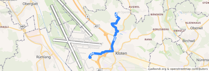 Mapa del recorrido Bus 734: Egetswil, Dorf -> Zürich Flughafen, Bahnhof de la línea  en Kloten.