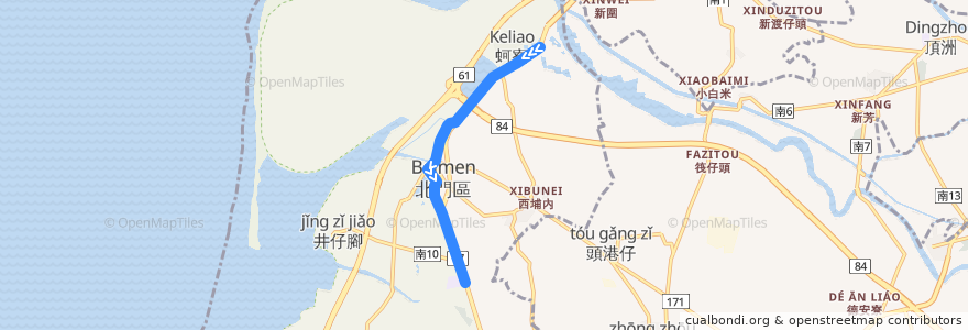 Mapa del recorrido 棕1(延駛北門國中_往程) de la línea  en Beimen District.