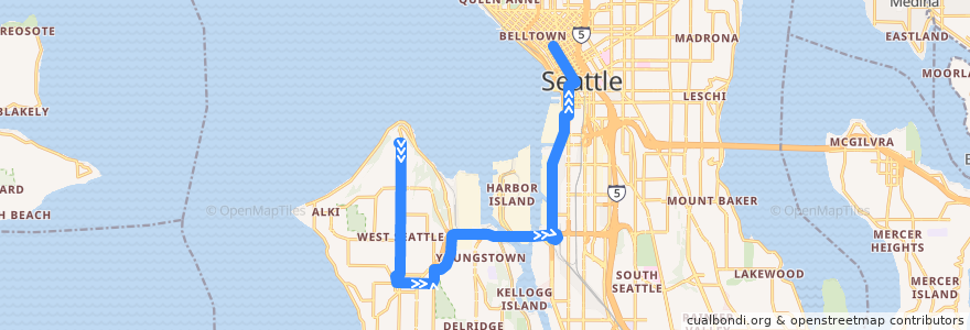 Mapa del recorrido Route 55: Downtown Seattle Alaska Junction de la línea  en Seattle.