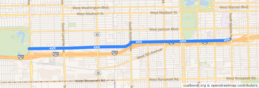 Mapa del recorrido Harrison de la línea  en Chicago.