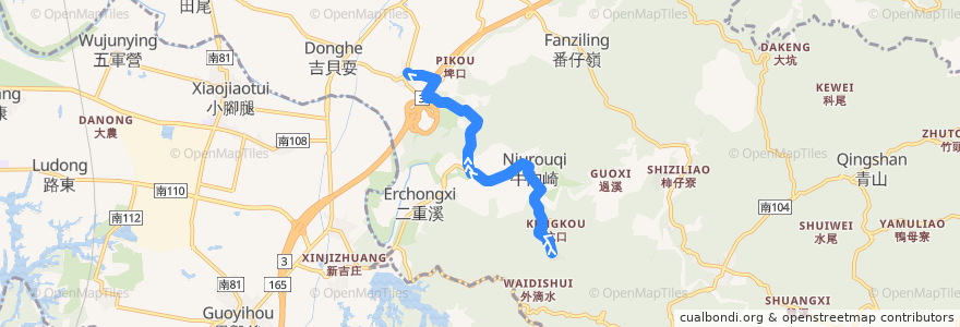 Mapa del recorrido 黃7(繞駛水雲里_返程) de la línea  en Dongshan.