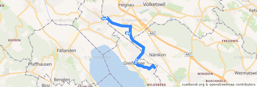 Mapa del recorrido Bus 727: Schwerzenbach, Bahnhof -> Greifensee, Pfisterhölzli (Weg A) de la línea  en Bezirk Uster.