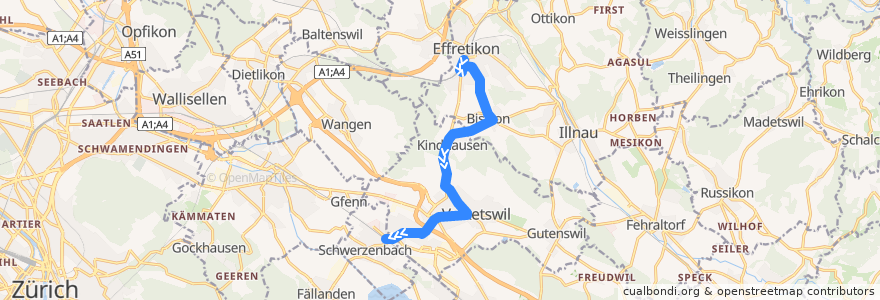 Mapa del recorrido Bus 720: Effretikon, Bahnhof -> Schwerzenbach, Bahnhof (Hauptweg) de la línea  en 취리히.