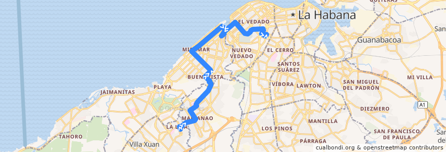 Mapa del recorrido Ruta A33 Lisa => Miramar - Omnibus Nacionales de la línea  en La Habana.