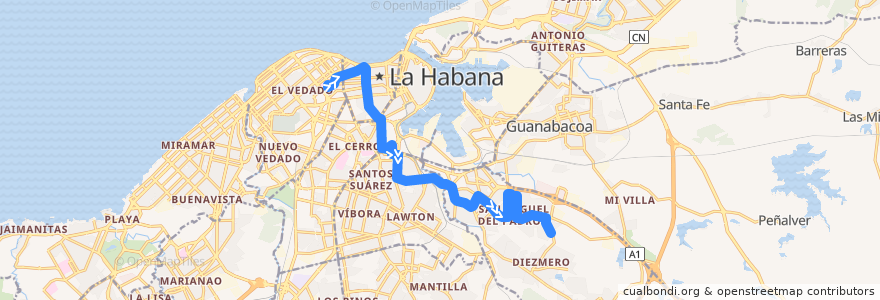 Mapa del recorrido Ruta A2 P.Calixto García - Czda San Miguel - Diezmero de la línea  en Havana.