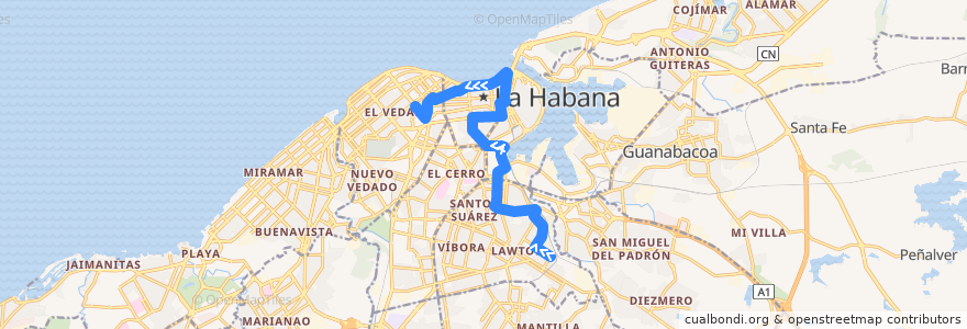 Mapa del recorrido Ruta 23 Lawton =>vedado de la línea  en Havanna.