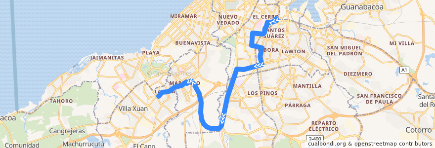 Mapa del recorrido Ruta A70 Hosp Dependiente =>CUJAE => Lisa de la línea  en La Havane.