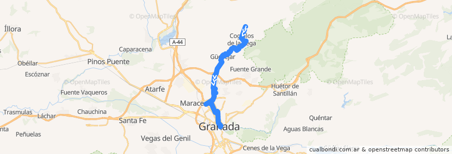 Mapa del recorrido Bus 0305: Cogollos de la Vega → Nívar → Güevéjar → Pulianas → Granada de la línea  en Comarca de la Vega de Granada.