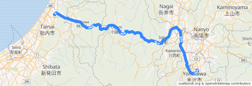 Mapa del recorrido JR米坂線（下り） de la línea  en 일본.