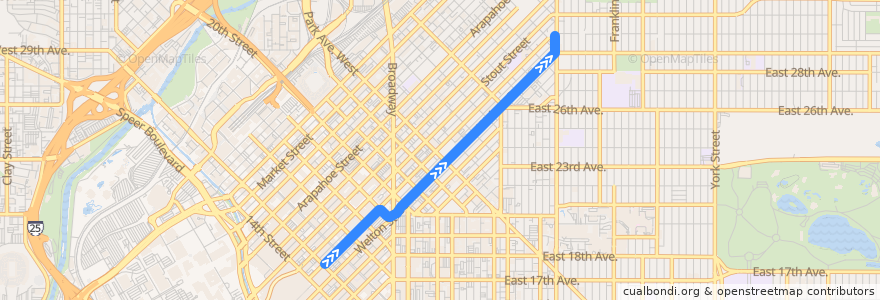 Mapa del recorrido RTD L Line → 30th & Downing de la línea  en Денвер.