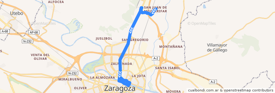 Mapa del recorrido Bus 102: San Juan de Mozarrifar => Zaragoza (por Carretera de Huesca) de la línea  en ساراگوسا.