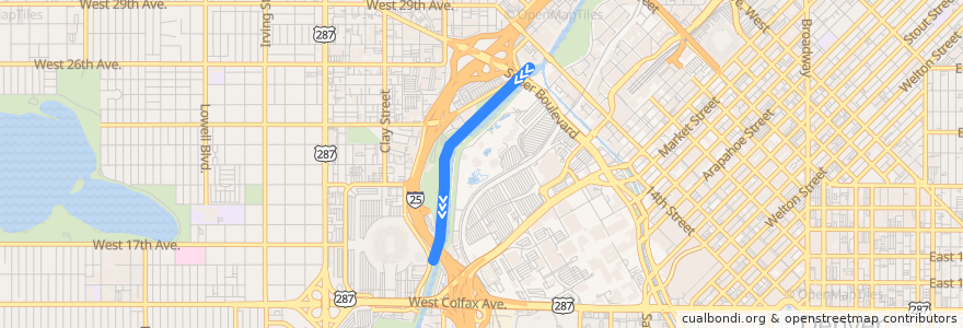 Mapa del recorrido Platte Valley Trolley → Confluence Park / REI de la línea  en Denver.