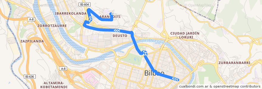 Mapa del recorrido 01 Plaza Biribila → Arangoiti de la línea  en Bilbao.