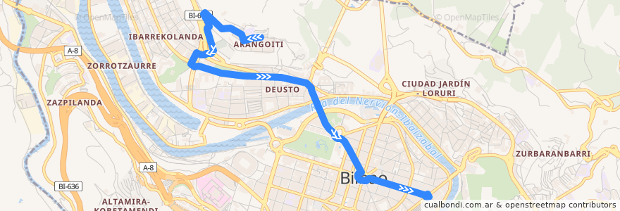 Mapa del recorrido 01 Arangoiti → Plaza Biribila de la línea  en بیلبائو.