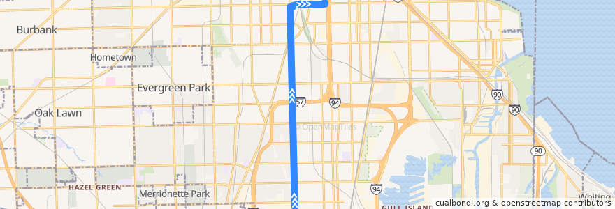 Mapa del recorrido South Halsted de la línea  en Чикаго.