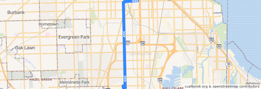 Mapa del recorrido South Halsted de la línea  en Chicago.