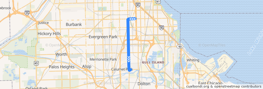 Mapa del recorrido South Halsted de la línea  en Чикаго.