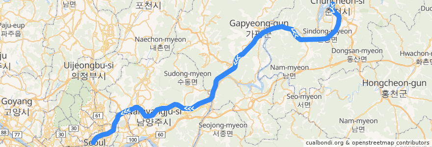 Mapa del recorrido 수도권 전철 경춘선: 춘천 → 청량리 de la línea  en Korea Selatan.