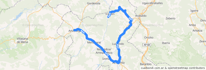 Mapa del recorrido A16 Okondo → Laudio/Llodio → Amurrio → Artziniega de la línea  en Aiarako kuadrilla/Cuadrilla de Ayala.