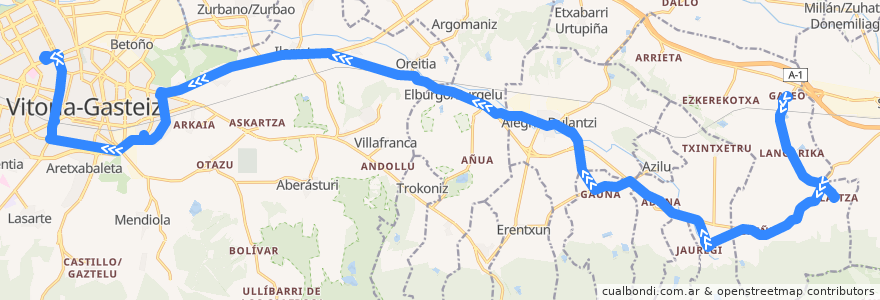 Mapa del recorrido A5 Gazeo → Alegría-Dulantzi → Elburgo/Burgelu → Universidad → Vitoria-Gasteiz de la línea  en アラバ.