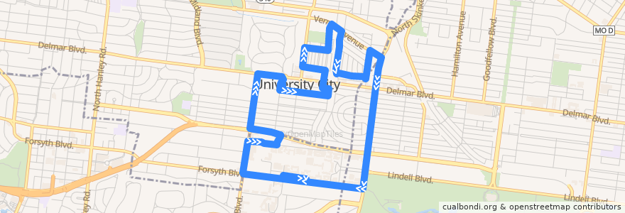 Mapa del recorrido MetroBus Green de la línea  en Saint Louis County.