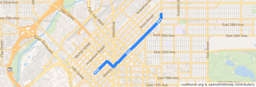 Mapa del recorrido RTD L Line → 16th & Stout de la línea  en Denver.