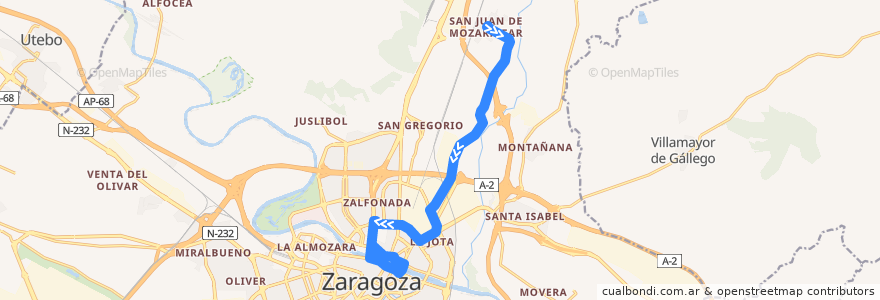 Mapa del recorrido Bus 102: San Juan de Mozarrifar => Zaragoza (por Avenida Cataluña) de la línea  en 사라고사.