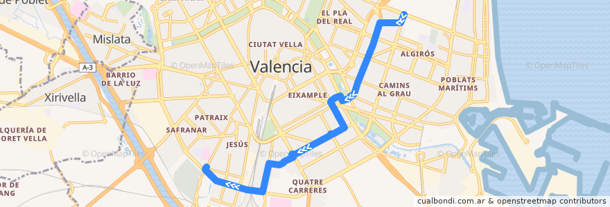 Mapa del recorrido Bus 18: Universitats => Hospital Dr. Peset de la línea  en Comarca de València.