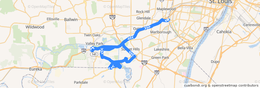 Mapa del recorrido MetroBus 210 Fenton-Gravois Bluffs de la línea  en Saint Louis County.