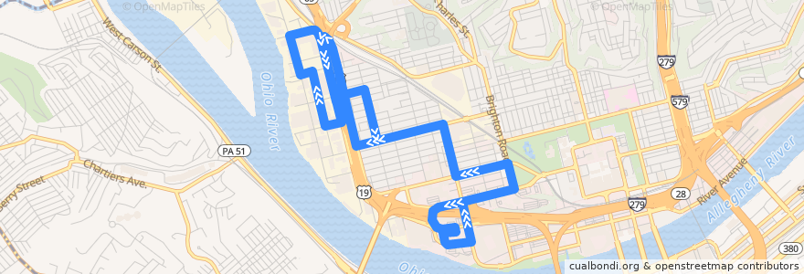 Mapa del recorrido PAT 18 Manchester de la línea  en Pittsburgh.