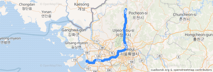 Mapa del recorrido 수도권 전철 1호선 경인·경원 계통: 소요산 → 인천 de la línea  en 대한민국.