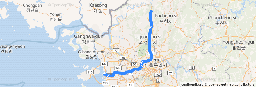 Mapa del recorrido 수도권 전철 1호선 경인·경원 계통: 인천 → 소요산 de la línea  en Korea Selatan.