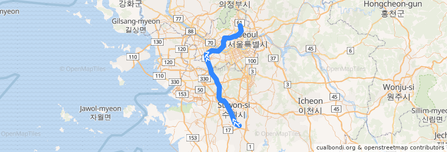 Mapa del recorrido 수도권 전철 1호선 경부·장항 계통: 서동탄 → 광운대 de la línea  en Corea del Sur.