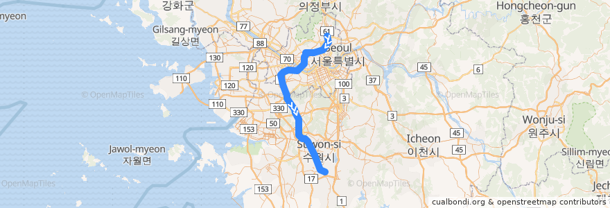 Mapa del recorrido 수도권 전철 1호선 경부·장항 계통: 광운대 → 서동탄 de la línea  en 韩国 / 南韓.