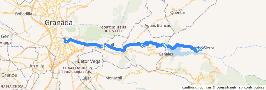 Mapa del recorrido Bus 0390: Güéjar Sierra → Pinos Genil → Granada de la línea  en Comarca de la Vega de Granada.