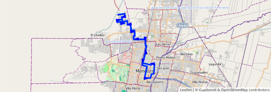 Mapa del recorrido 87 - Bº Municipal - Bº Los Peluqueros de la línea G04 en Mendoza.