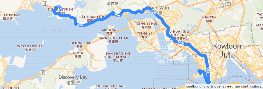 Mapa del recorrido 九巴261B線 KMB 261B (掃管笏 So Kwun Wat → 九龍站 Kowloon Station) de la línea  en Hong Kong.