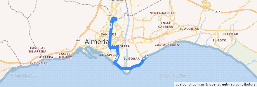 Mapa del recorrido L4: Universidad - La Goleta - Torrecárdenas de la línea  en Almeria.