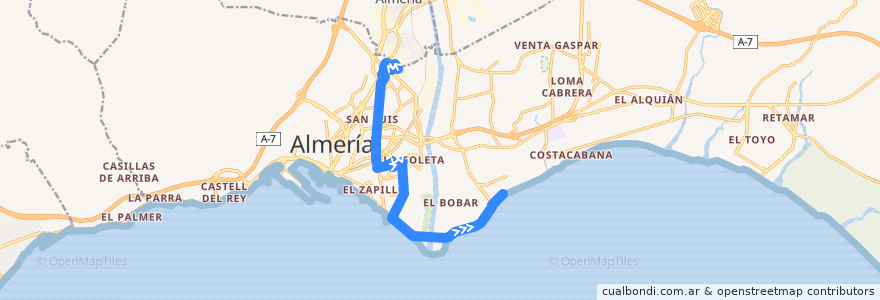 Mapa del recorrido L4: Torrecárdenas - La Goleta - Universidad de la línea  en Alméria.