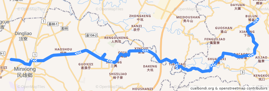 Mapa del recorrido 公路客運 7306: 梅山→民雄(去程) de la línea  en Comté de Chiayi.